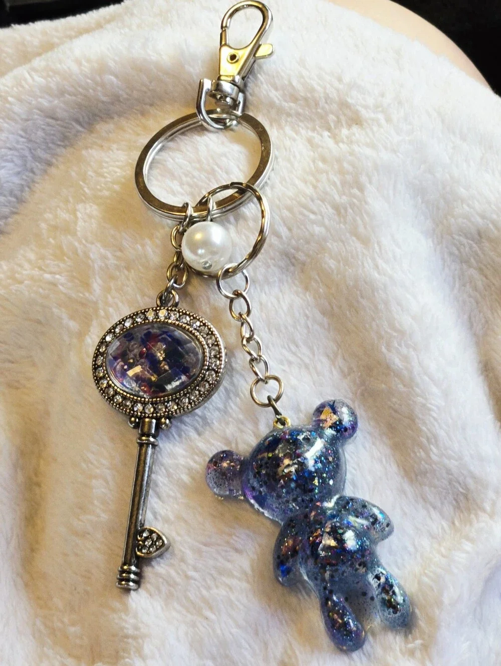 Handmade Blue Glitter Bear Keychain with Decorative Key Charm